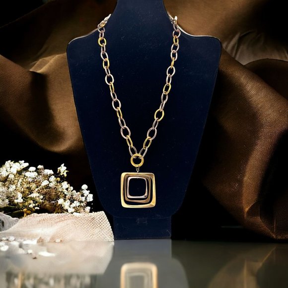 Chico's Black Label Tri-color Geometric Square 2 in 1 Chain Link Necklace - Picture 1 of 8